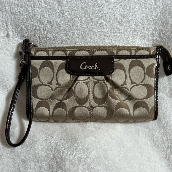 Coach Beige and Brown Signature Wristlet - Picture 1 of 3